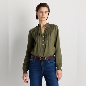 Quince Olive Green Organic Textured Cotton Peasant Blouse